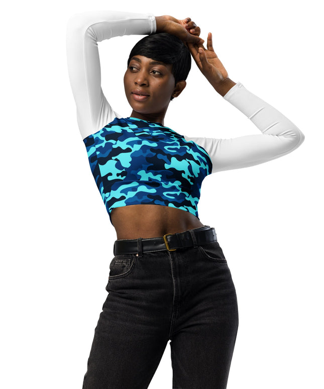 Haut court à manches longues en matières recyclées - camouflage bleu - pimp your tee